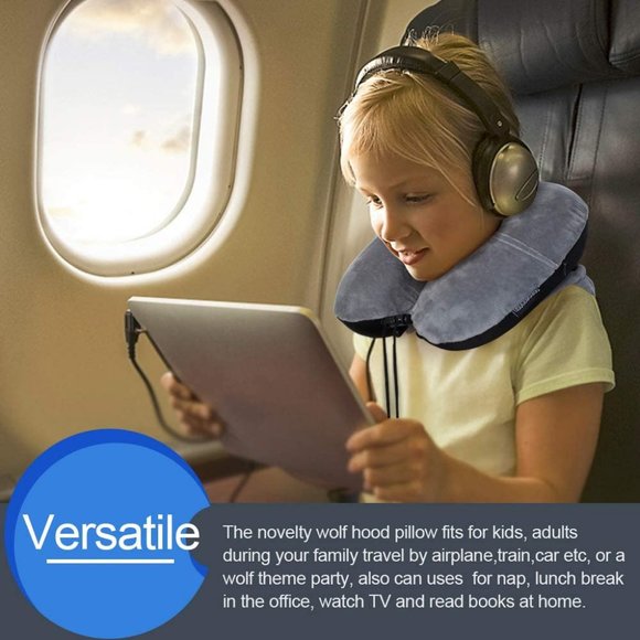 Memory Foam Neck Travel Pillow with Wolf Hood New - Picture 6 of 6